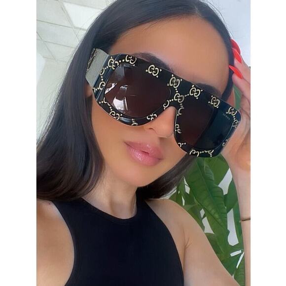 Gucci GG0983S 004 Black Gold Grey Lens Soft Square Oversize Monogram Sunglasses - Picture 6 of 7